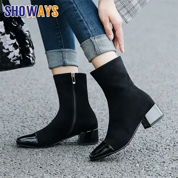 

2020 Winter Stretch Plush Sock Boots Women Round Toe Med Block Heels Black Faux Suede Patchwork Casual Ladies Zipper Ankle Boots