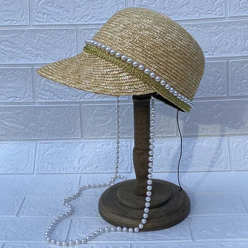 

Japanese Natural Ryegrass Straw Equestrian Cap Elegant Ladies Pearl Brim Metal Chain Casquette Spring Summer Sun Baseball Cap