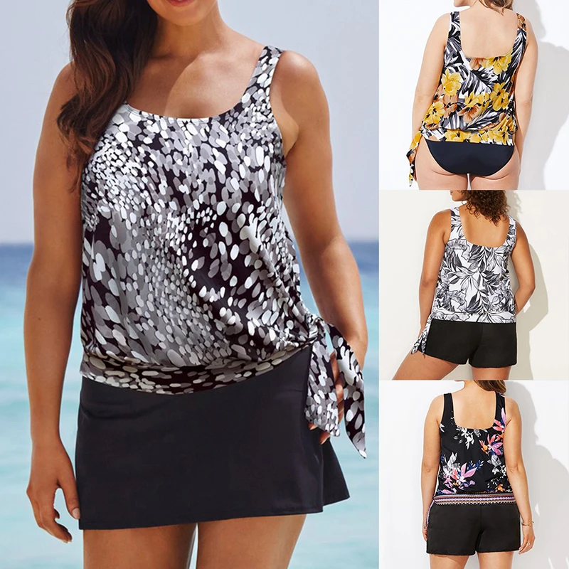 

Sexy Print Split Bow Tie Swimsuit Women Tops Shorts Two-Piece Biquini Swimsuit 2020 Summer Plus Size Floral Bikini Set