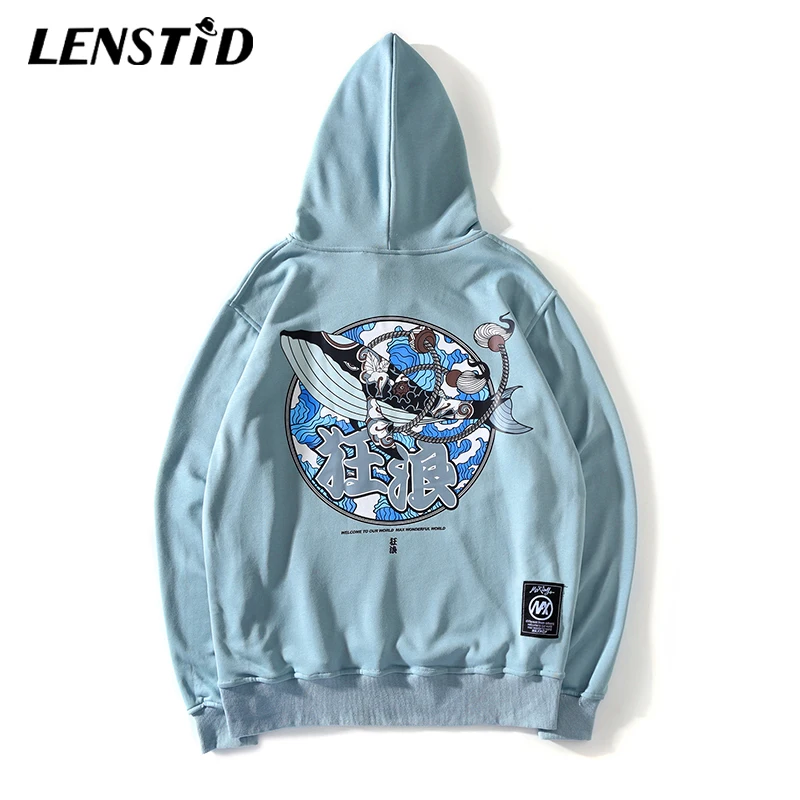 LENSTID Осень Новые мужские хип хоп негабаритные Ukiyo E Whale Wave пуловеры c капюшоном