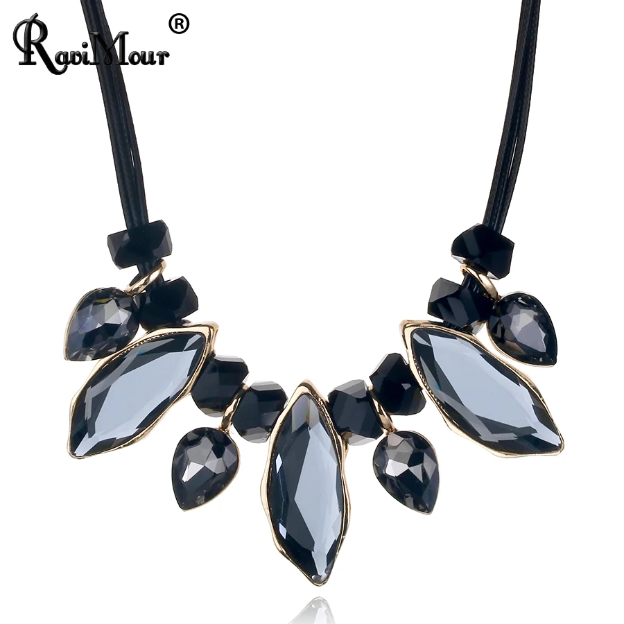 Women Necklace Geometric Crystal Statement Chokers PU Leather Maxi Necklaces& Pendants Fashion Jewelry Collier Femme