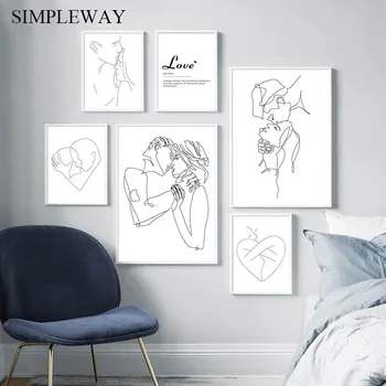

Line Drawing Couple Kiss Abstract Poster Wall Art Canvas Print Black White Simple Painting Decorative Picture Modern Home Decor