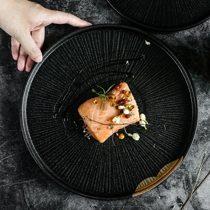 

Japanese Style Ceramic Embossed Plate Golden Inlay Household Dish Bowl Breakfast Soup Dinner Steak Dessert Plate Tableware