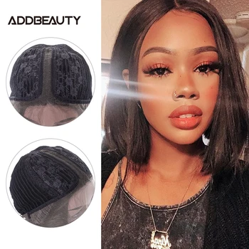 

Addbeauty Brazilian Straight Short Bob Wig L-Part Lace Front Wigs Human Hair Wigs Pre-plucked With Baby Hair Natural Color 130%