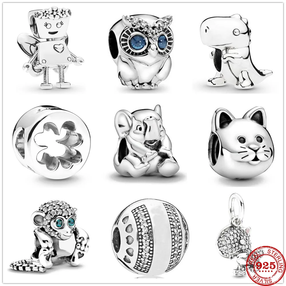 Sparkling Owl Bella Robot Cat Bead 925 Silver Pendant Charms For Women DIY Bracelet Jewelry