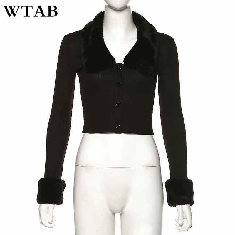 WTAB, Осень-зима, мягкий меховой воротник, тонкий вязаный кроп-топ, женский,, однотонный, стрейч, высокий, уличный, Женский Топ, пальто, повседневный