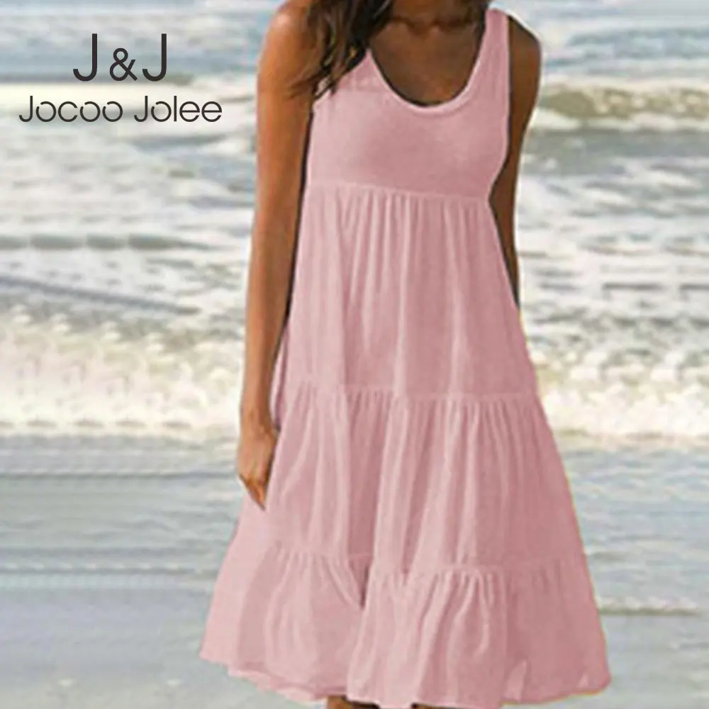

Jocoo Jolee Oversized Loose Dress Casual Sleeveless O Neck Ruffles Mini Dress Elegant Solid Beach Dress 2023 Summer Sundress