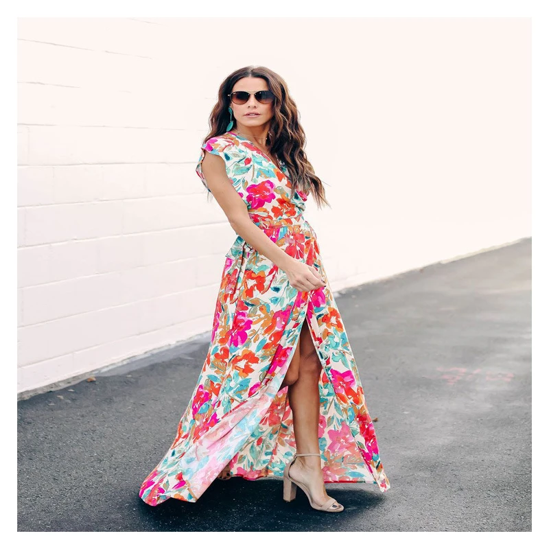 

Women Dress Personality Hot Casual Printed Long V Neck Short Sleeved Lace Up Fashion Waist Skirt Summer Comfortable Casual Dress