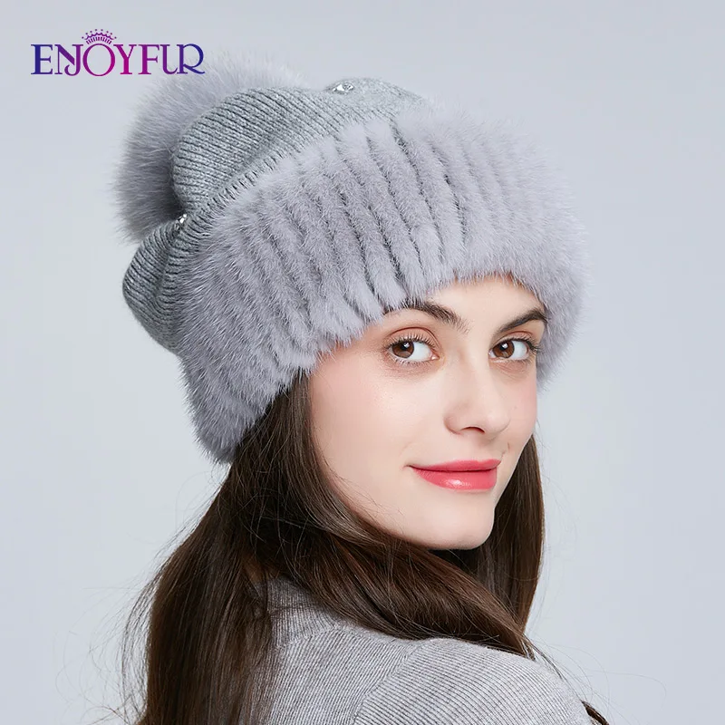 

ENJOYFUR Winter Mink Fur Hats For Women Slouchy Wool Hats With Fox Fur PomPom Caps New Style Girls beanies Fashion Winter Hat