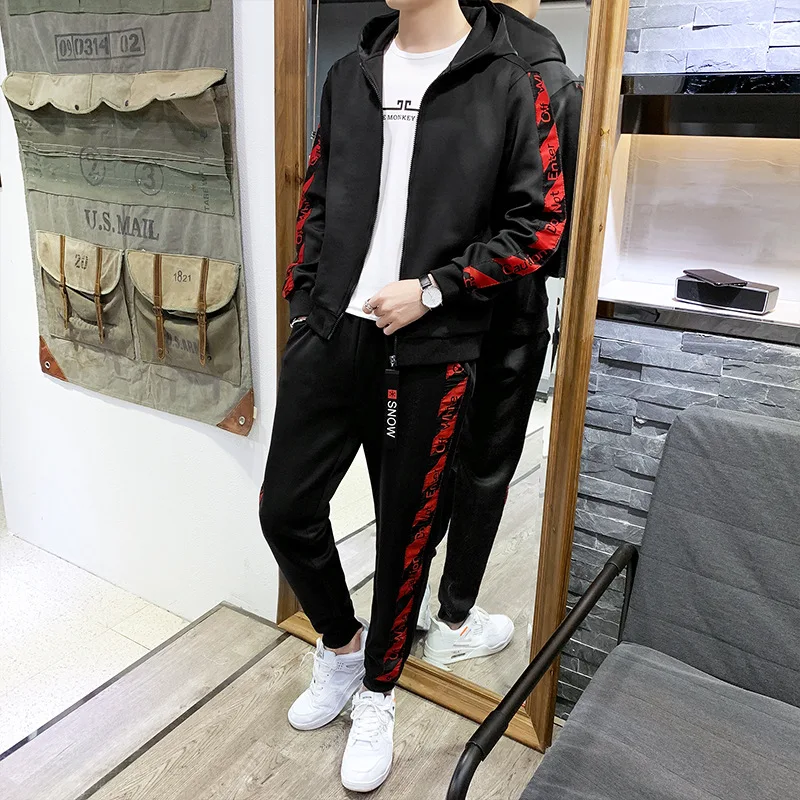 

2019 New Style Spring Sports Set MEN'S Cardigan Hooded Sports Clothing Work Clothes Square School Uniform