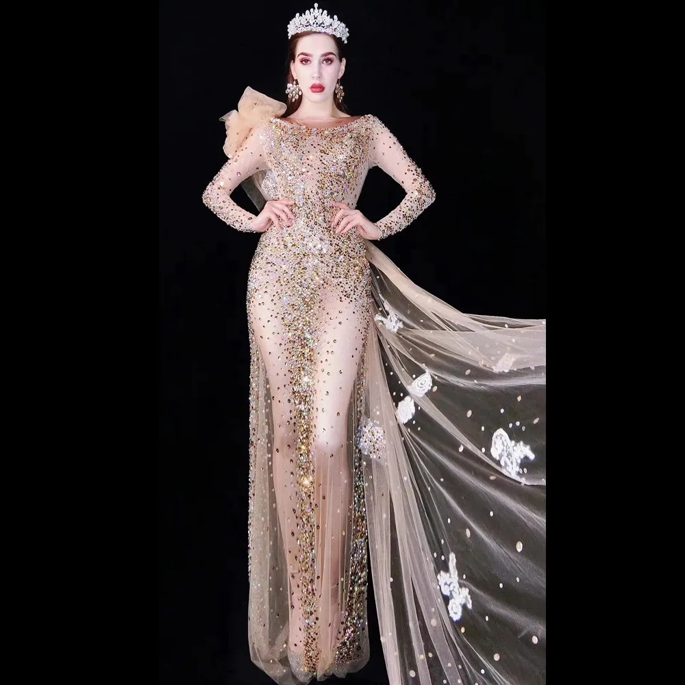 Luxury Crystal Sequin Evening See Through Mesh Dress Women Sexy