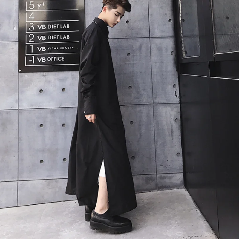Men's Long Sleeve Shirt Spring And Autumn New Korean Fashion Super Long Personality Bifurcation Design Casual Large Size Shirt