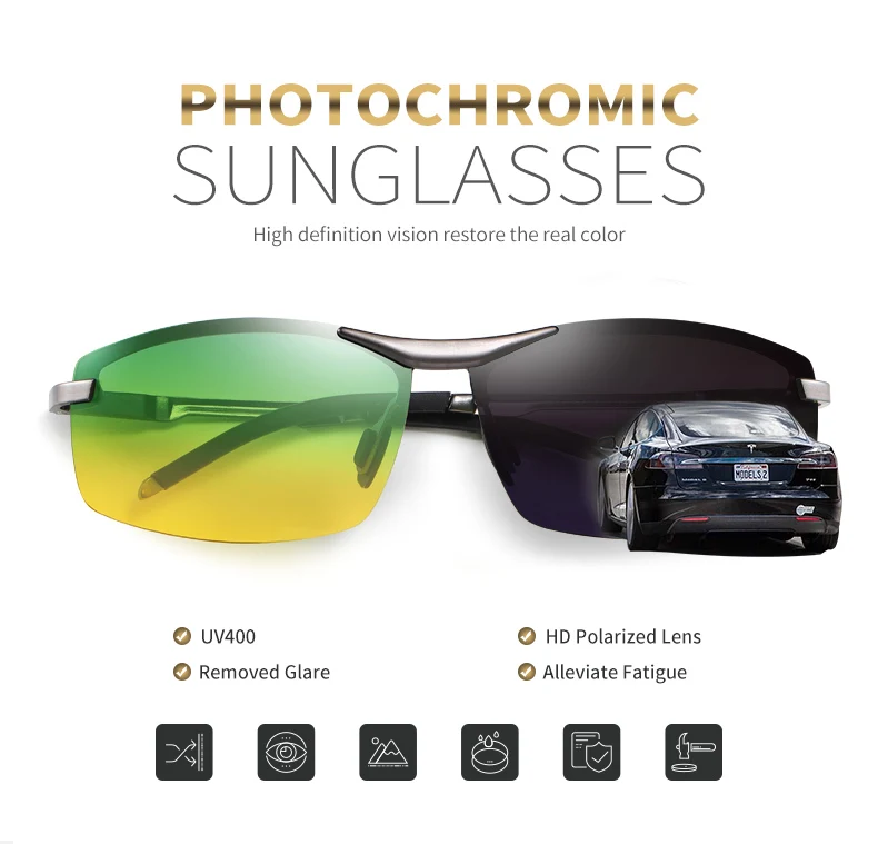 Photochrome quadratische Sonnenbrille für Herren, polarisierte Brille für Damen, blendfrei, Tag- und Nachtsicht, sichere Fahrbrille, zonnebril heren – Detail 16
