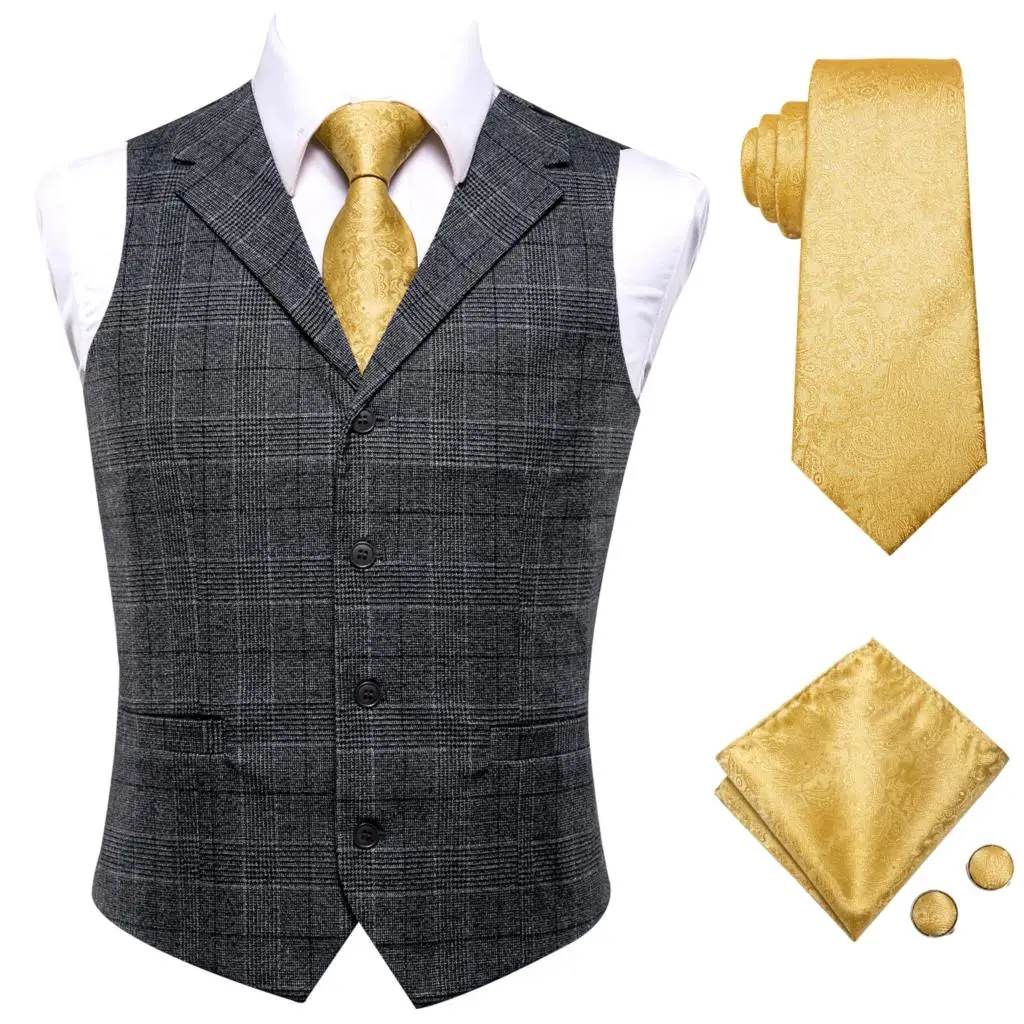 blazer suit Hi-Tie Classic Silk Mens Vests Grey Plaids Waistcoat Men Vest Gold Blue Tie Hanky Cufflinks Set for Dress Suit Business Father men's blazers Suits & Blazer