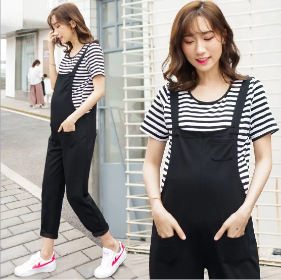 Maternity Bib Pants Pregnant Trousers Belt Plus Clothes-For-Fat-Women Pregnant-Overalls Jumpsuit Solid Color Women new - Цвет: Черный