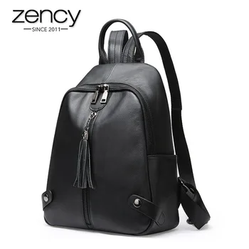 

Zency Fashion Women's Backpack With Tassel 100% Genuine Leather Daily Casual Travel Bag Classic Black Student's Schoolbag