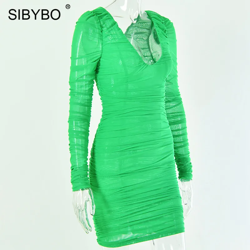 SIBYBO, весеннее Плиссированное сексуальное облегающее платье с двойной сеткой, модное летнее Мини-платье с длинным рукавом и v-образным вырезом, однотонные Клубные вечерние женские платья