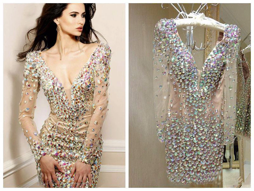 

2020 Bling Rhinestone Cocktail Dresses Party Gowns Sexy Deep V Neck Long Sleeve Short Special Occasion Dresses for Women