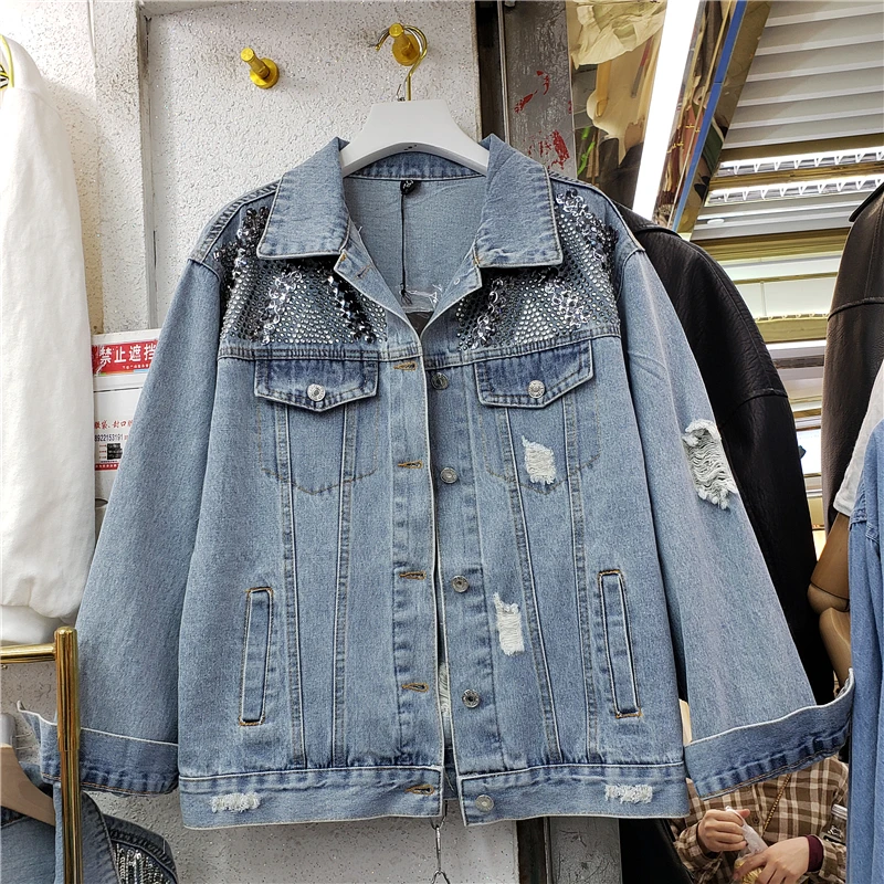 

2020 Spring New Korean-style Jeans Jackets Woman Loose-Fit BF Diamond Holes Washing Jeans Coat Women's Denim Jacket Outwear Lady