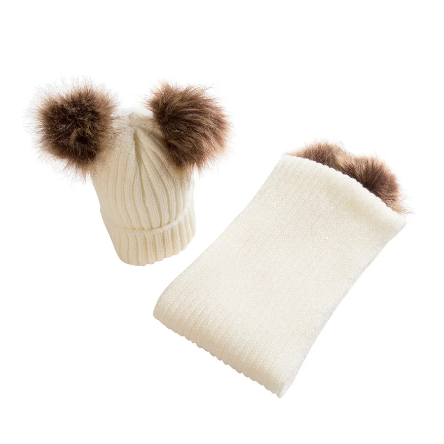 Ivory white 1 комплект, шапка и шарф для младенцев, детская зимняя защита, Вязаная Шерстяная пушистая теплая шапка, подходит для мальчиков и девочек возрастом от 1 года до 4 лет - Цвет: Ivory white