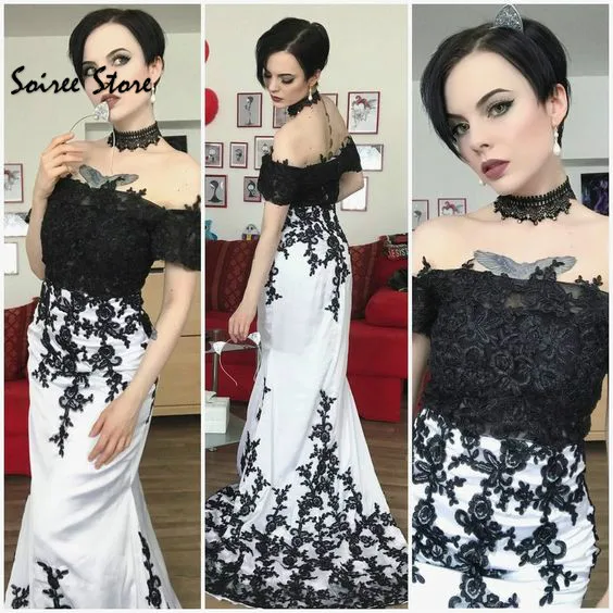 Gothic Zwart-wit Trouwjurken Mermaid Lace Boho Trouwjurk Bohemian Satijnen Bruidsjurken 2020 Victoriaanse Korte Mouwen
