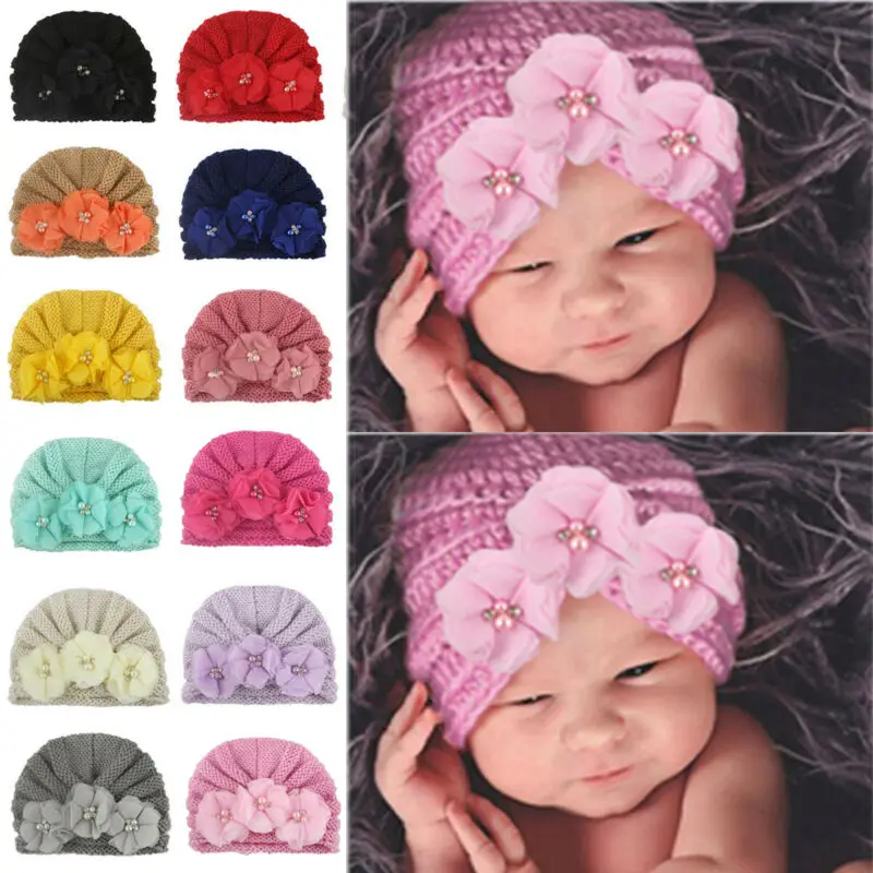 

2020 Baby Accessories Clothing Infant Baby Girl Boy Winter Beanie Flower Warm Cap Crochet Knitted Pearls Hat Turban