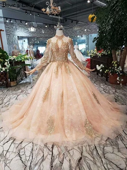 Online Champagner Luxus Nach Maß Ballkleid Friesen Vintage Abendkleider 2020 Pailletten Spitze Lange Hülse Vestido De Festa Prom Kleider