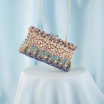 

Women Luxury Evening Handbag Blue Gold Crystal Rhinestone Diamond Studded Shining Bling Clutch Purse Metal Frame Lady Praty Bag