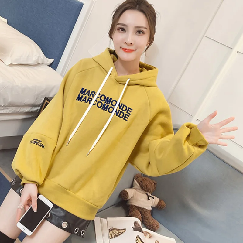 yellow2 NORMVO Осень Зима плюс бархатная толстовка женская с длинным рукавом принт женский свитер Повседневная Свободная теплая толстовка - Цвет: yellow2