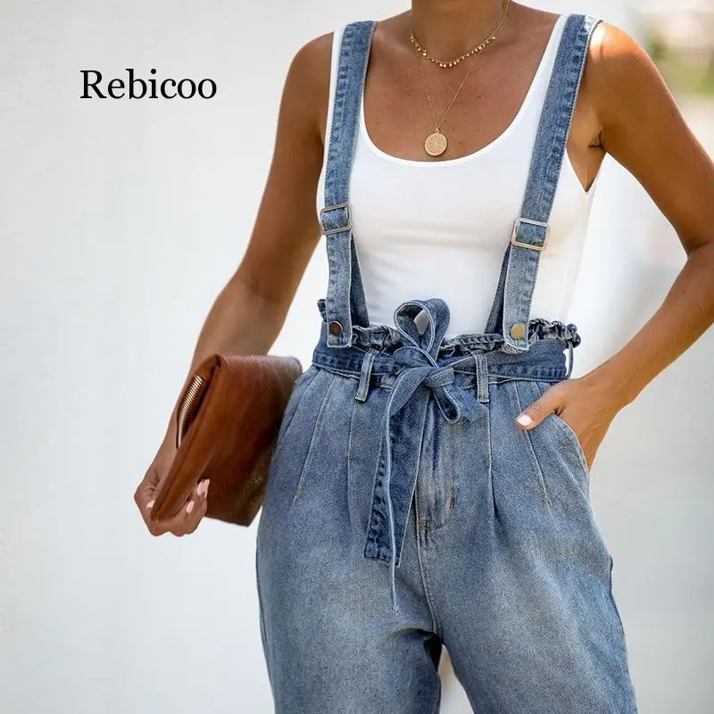 Suspender Jumpsuit Spaghetti Strap Romper Jeans Denim Pants Ruffles Tie Metal Buckle Overalls Bandage High Waist Trousers Suspender Jumpsuit Spaghetti Strap Romper Jeans Denim Pants Ruffles Tie Metal Buckle Overalls Bandage High Waist Trousers