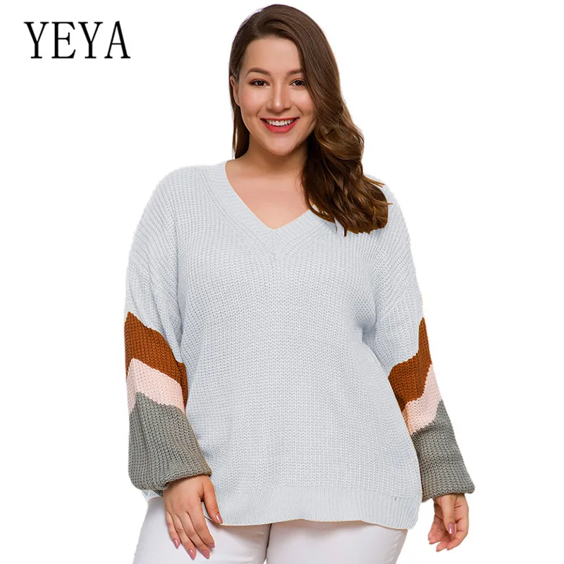 

YEYA Fall New Women V Neck Sweater Pullover Yellow Knitted Slim Sweaters Tops Winter Casual Sweater Jumper Top Plus Size 4XL