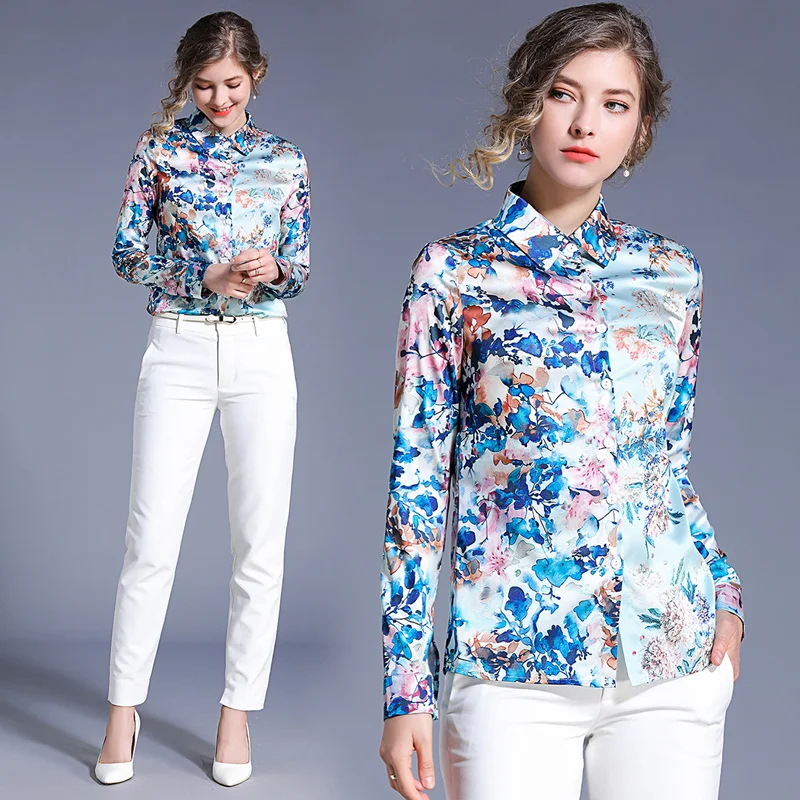 

Peritiny Fashion Women's Blouses Long Sleeve Spring Floral Top Satin Shirt Autumn Winter 2019 Fashion New Woman Blouses