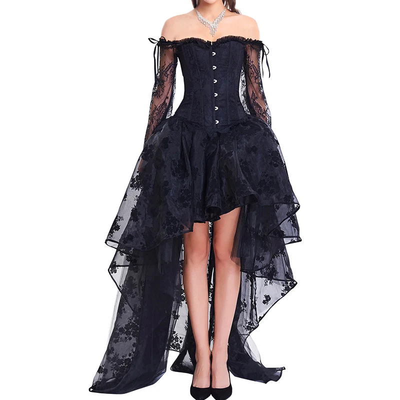 Sexy Black Gothic Dress Long Sleeve Lace Red Bustier Set Steampunk Court Corset Clothing 2020 Women Slim Party Club Palace | Женская