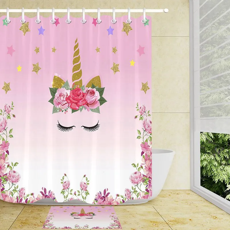 1Pc 3D Beach Unicorn Cute Wind Digital Printing Waterproof Mildew Polyester Bathroom Shower Curtain
