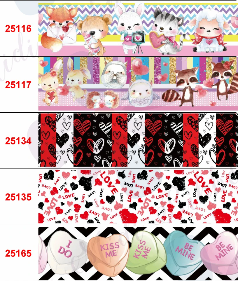 16mm-75mm Love Heart Flower Printed Grosgrain/Foe Ribbon Cartoon Bear Panda DIY Hair Bowknots Happy Valentine's Day 50yards/roll | Дом и