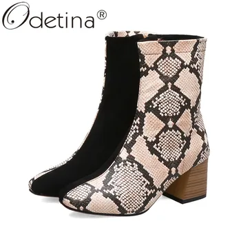 

Odetina Patchwork Snakeskin Womens Block Chunky High Heel Ankle Boots Ladies Square Toe Autumn Comfort Side Zip Up Dress Shoes