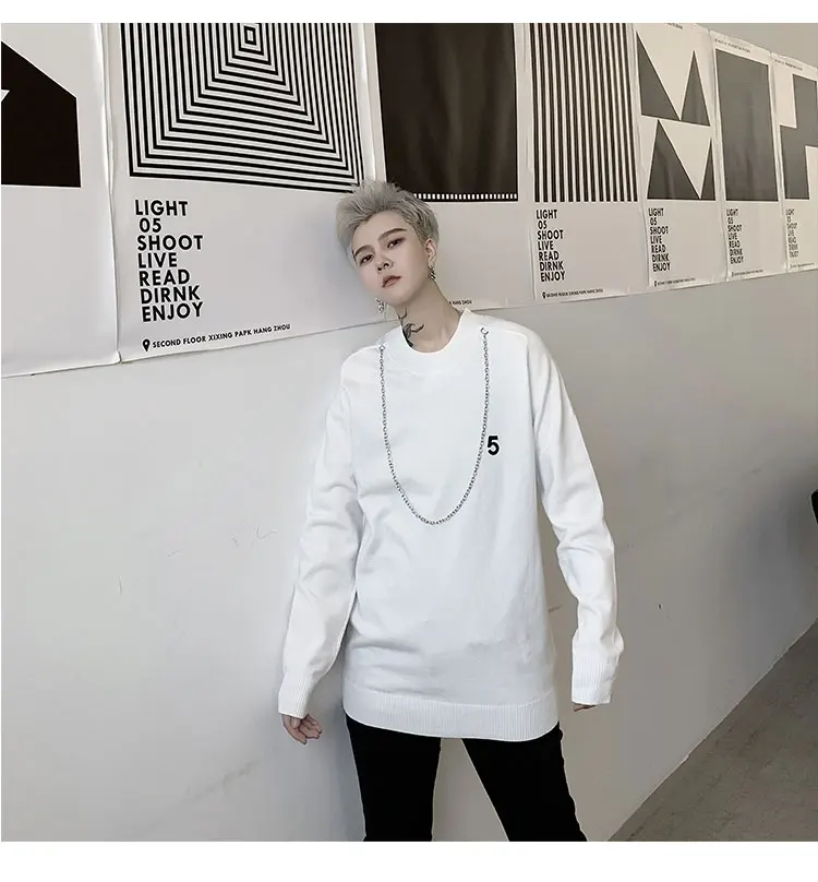 Мужская и женская уличная одежда, хип-хоп свитер для пары, Harajuku, мужской свитер с вышивкой, железная цепочка, облегающий, с круглым вырезом, вязаный пуловер, свитер