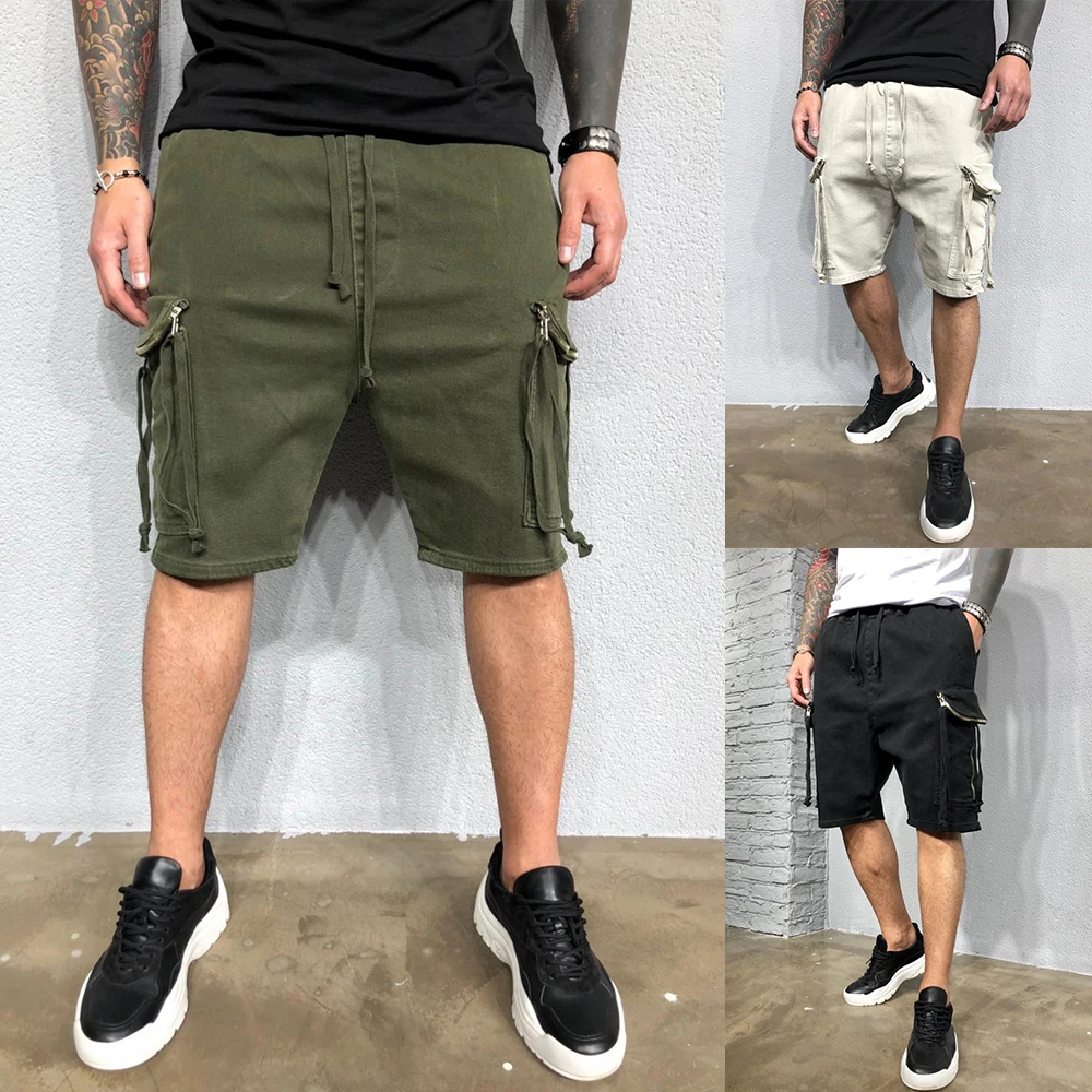 

Men Solid Shorts Overalls Casual zipper shorts Pocket Cotton Half length Pants Summer Mid Waist Drawstring loose shorts men D30
