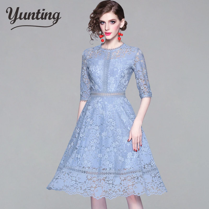 

Women 2019 Summer Dresses Hollow Out Women Half Sleeve Floral Crochet Casual Pink Blue Lace Dress Femininas Vestidos