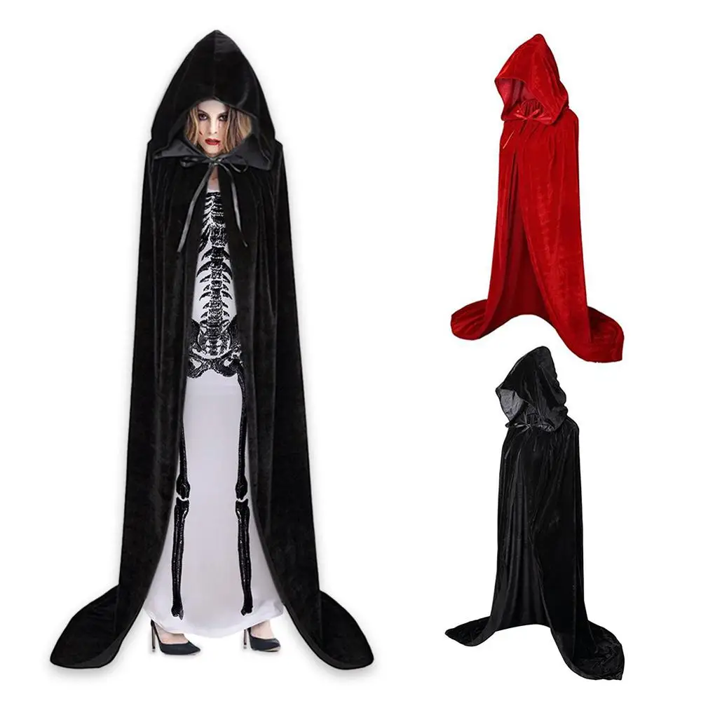 

Halloween Cape Solid Hooded Death Witches Long Front Open Cloak Velvet Lace-up Robe Adult Role Play Costumes