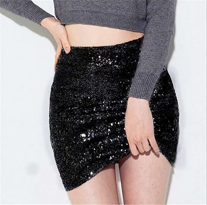 Women High Waist Sequin Glitter Mini Skirt Bodycon Slim Fit Pencil Skirts Ladies Mini Skirt