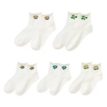 

Japanese Fresh Style Women Roll Top Cotton Ankle Socks Cute Cartoon Smiling Little Floral Print Breathable Short Hosiery