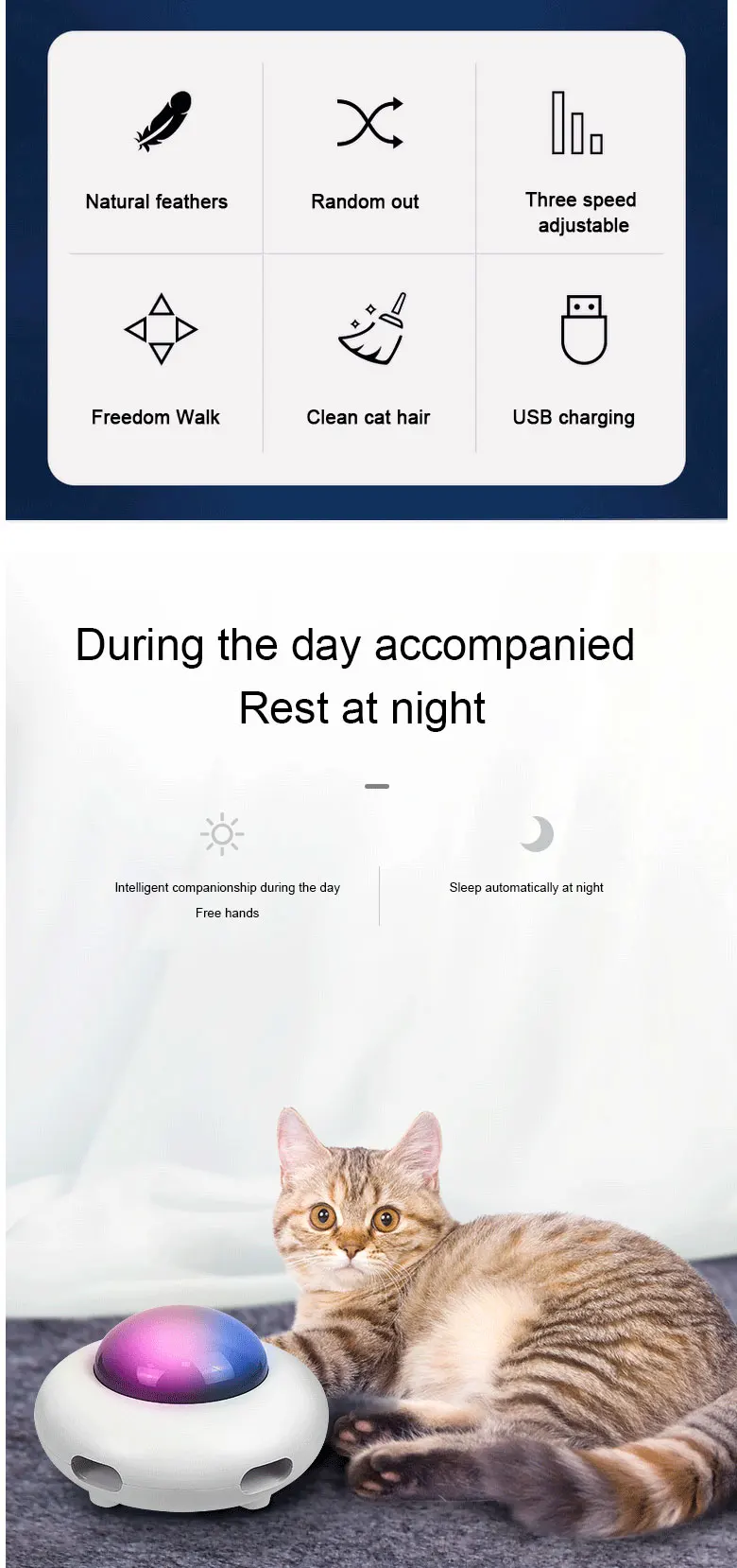 Inteligente, tocadiscos UFO oscilación automática juguetes cachorro gato dirección eléctrica juguete de persecución para mascotas de carga USB interactivo juguetes con plumas