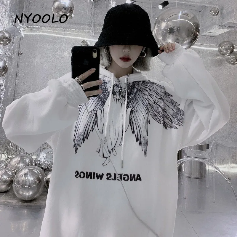 NYOOLO Harajuku Винтаж Крылья ангела с буквенным принтом теплые флисовые толстовки осень зима свободные пуловеры с капюшоном Толстовка для женщин и мужчин