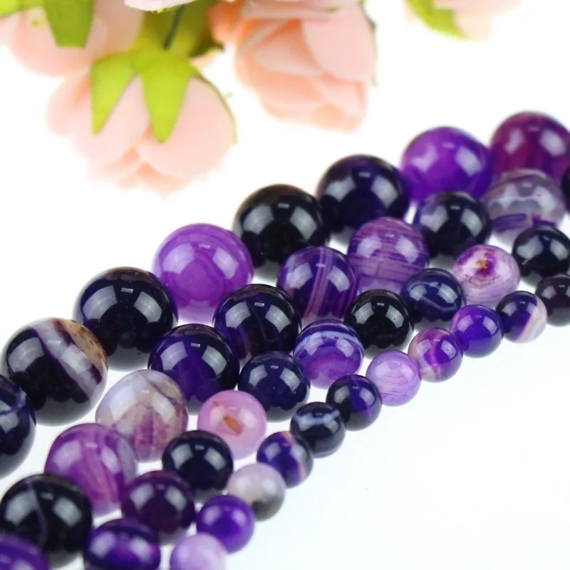 

4-12mm Purple Pattern Round Bead Smooth Stone Beads for Jewelry Making Needlwork Bracelets Necklaces Accessories Jewelry Making