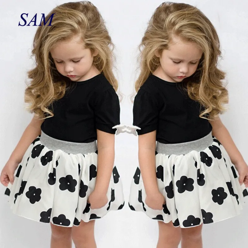 Girls Clothing Sets 2020 New Summer Kids Clothes Short Sleeve Black Shirts+Tutu Flower Skirt 2Pcs Children Toddler Outfit | Мать и