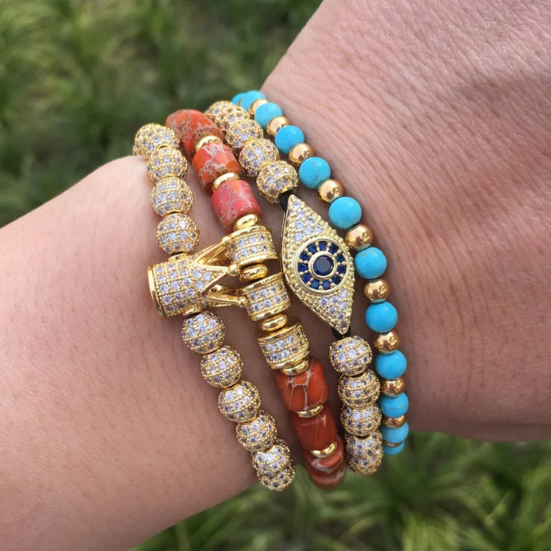 New Fashion Luxury CZ Charm Natural Stone Imperial Gold Color Beads Crown Eyes Charm Adjustable Bracelet Women Men
