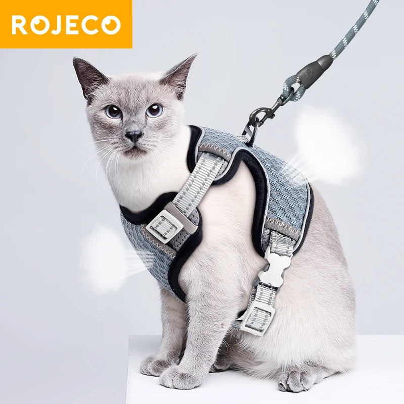 ROJECO-arnés de malla reflectante ajustable para perros y gatos, conjunto de arnés y correa transpirable, arnés para gato, plomo para caminar