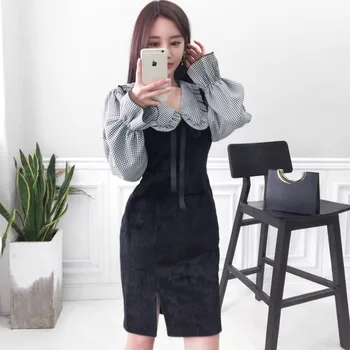 

Winter Sexy Cloth Women's Sets Turn-Down Collar Plaid Flare Sleeve Blouse Vest Dress Two Piece Pencil Bodycon Suit Dress