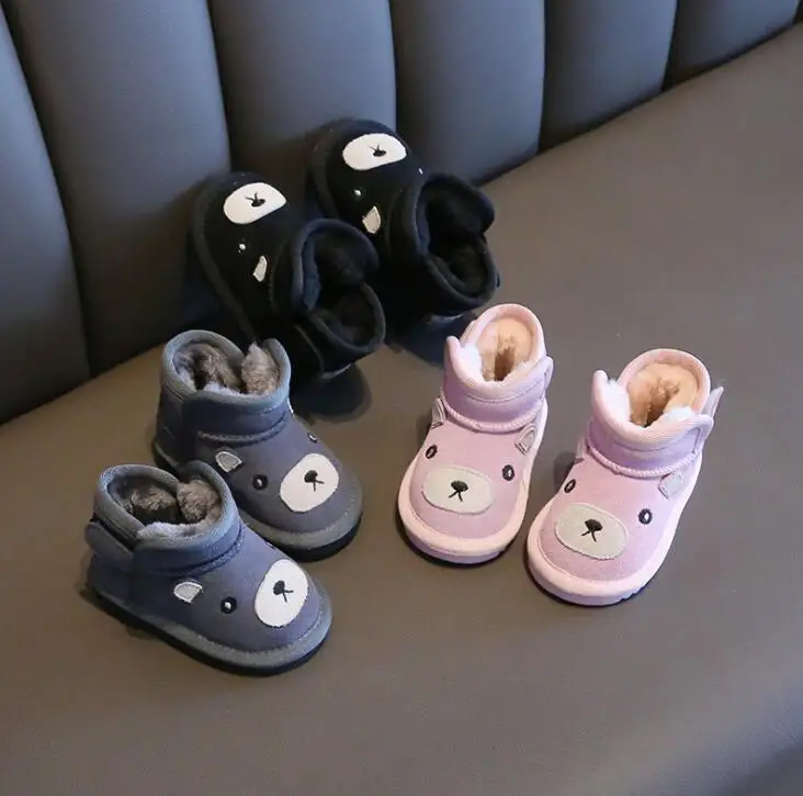 Милые детские зимние ботинки с рисунком из мультфильма ботильоны из натуральной кожи для маленьких мальчиков теплые зимние ботинки из толстого плюша для маленьких девочек от 0 до 3 лет